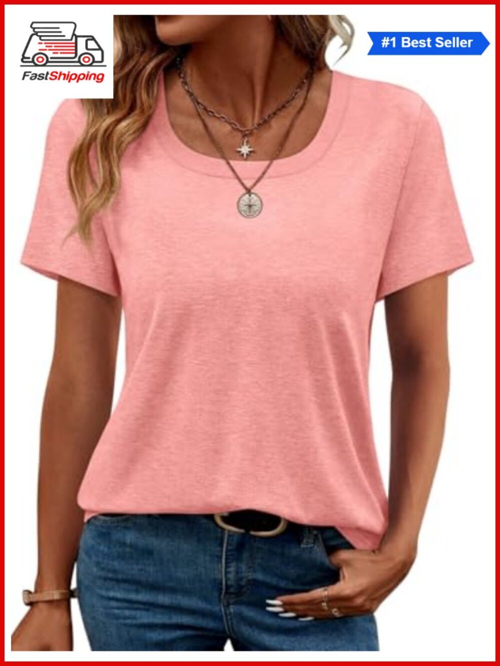 Women's Square Neck Short Sleeve Top Loose Fit Casual T-Shirt